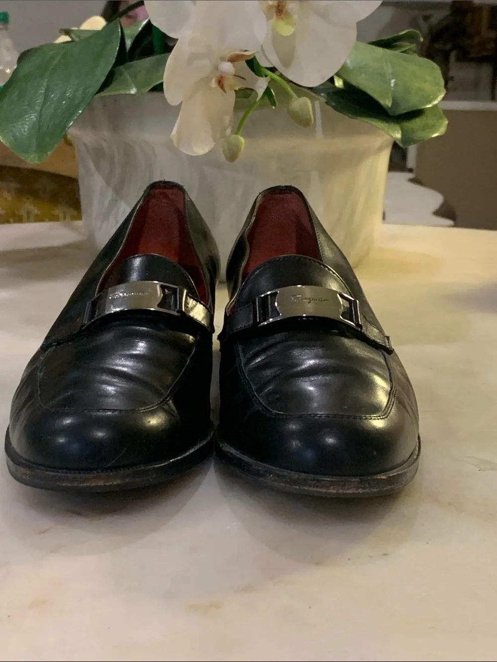 Salvatore Ferragamo Black Leather Loafers with Silver Buckle